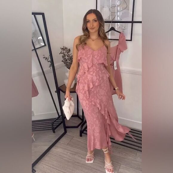 Nwt ZARA RUFFLED JACQUARD DRESS MARSALA Pink Dusty - Picture 12 of 17